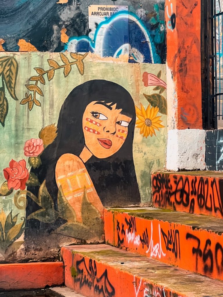 photo of mural of a indgienous women in the la candelaria neighbourhood of bogota