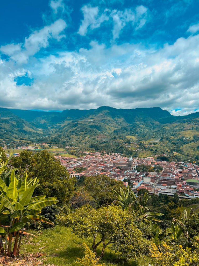 a view from above looking over the town of jardin colombia