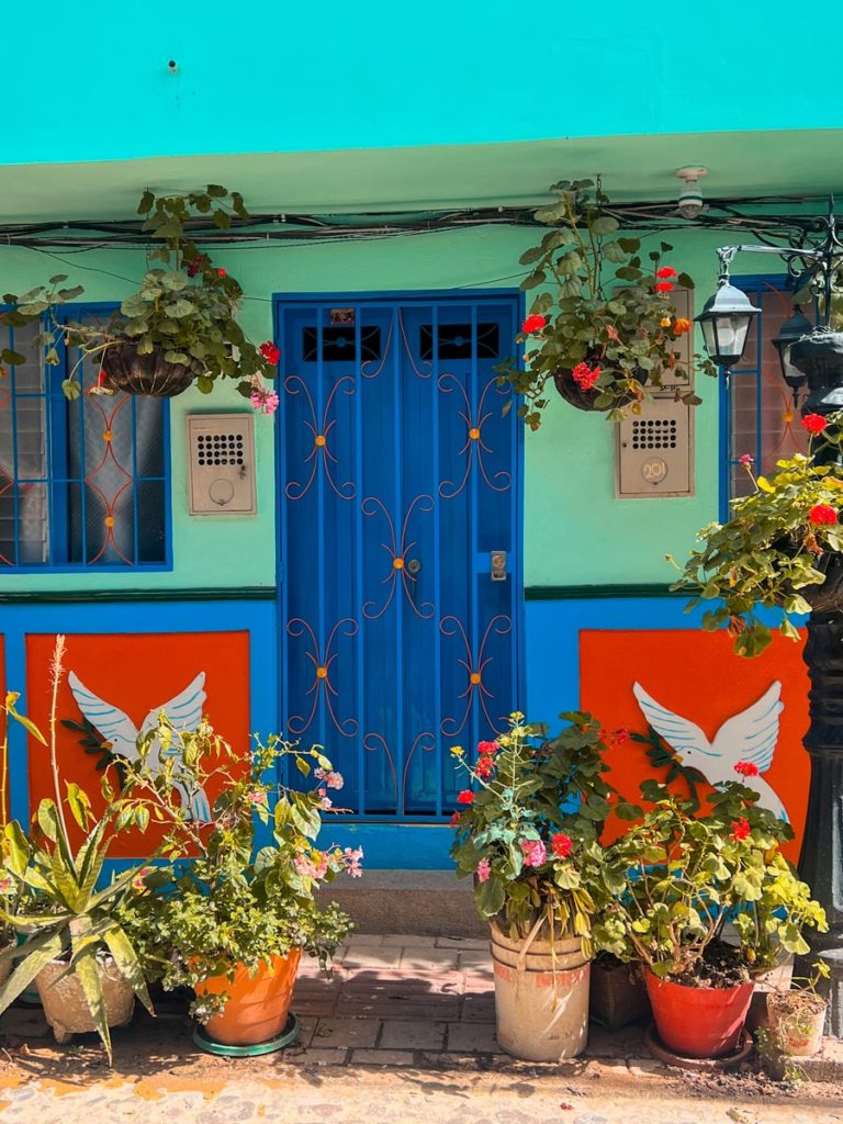 photo of blue building in guatape with potted plants surrounding it