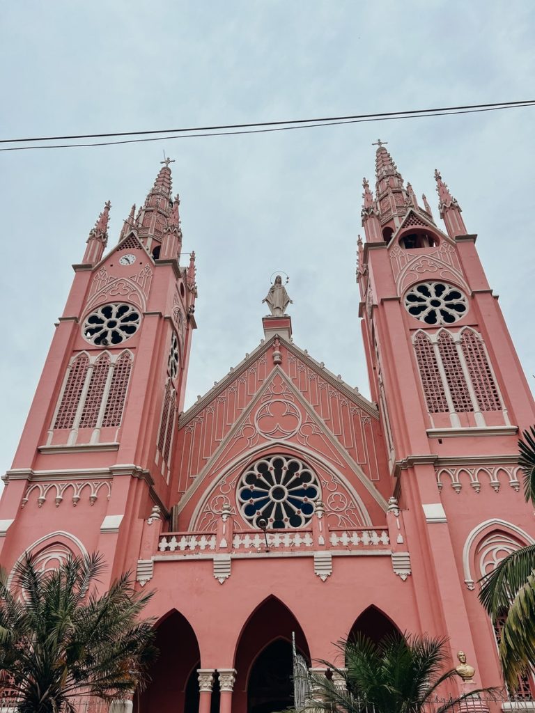 pink church with a few trees showing in bottom of photo