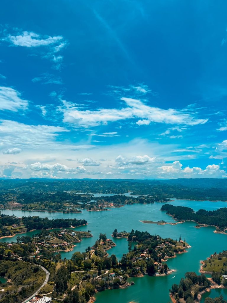 photo of view over guatape reservoir from piedra del penol in colombia